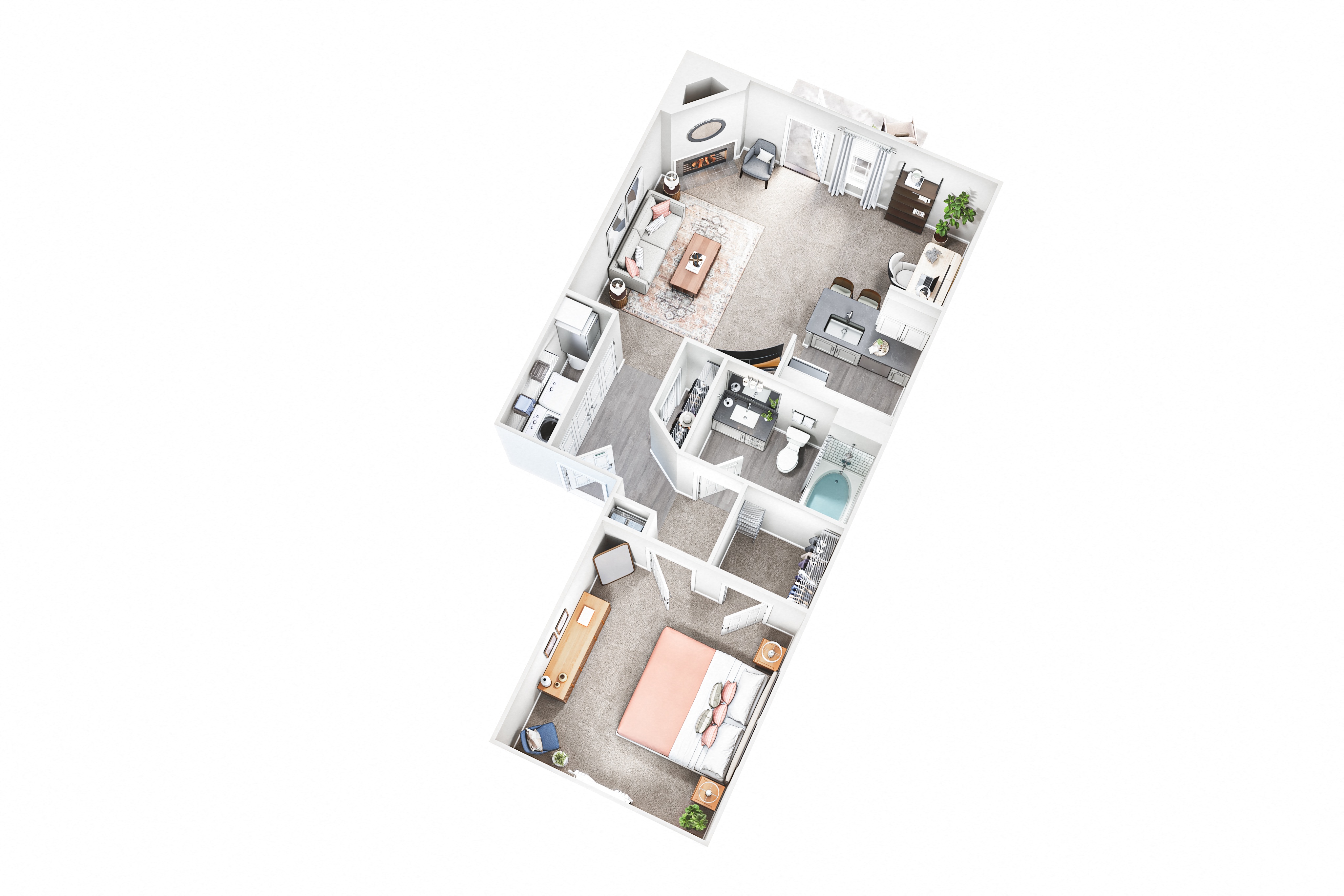 Floor plan for 1 bed, 1 bath, 677 sqft